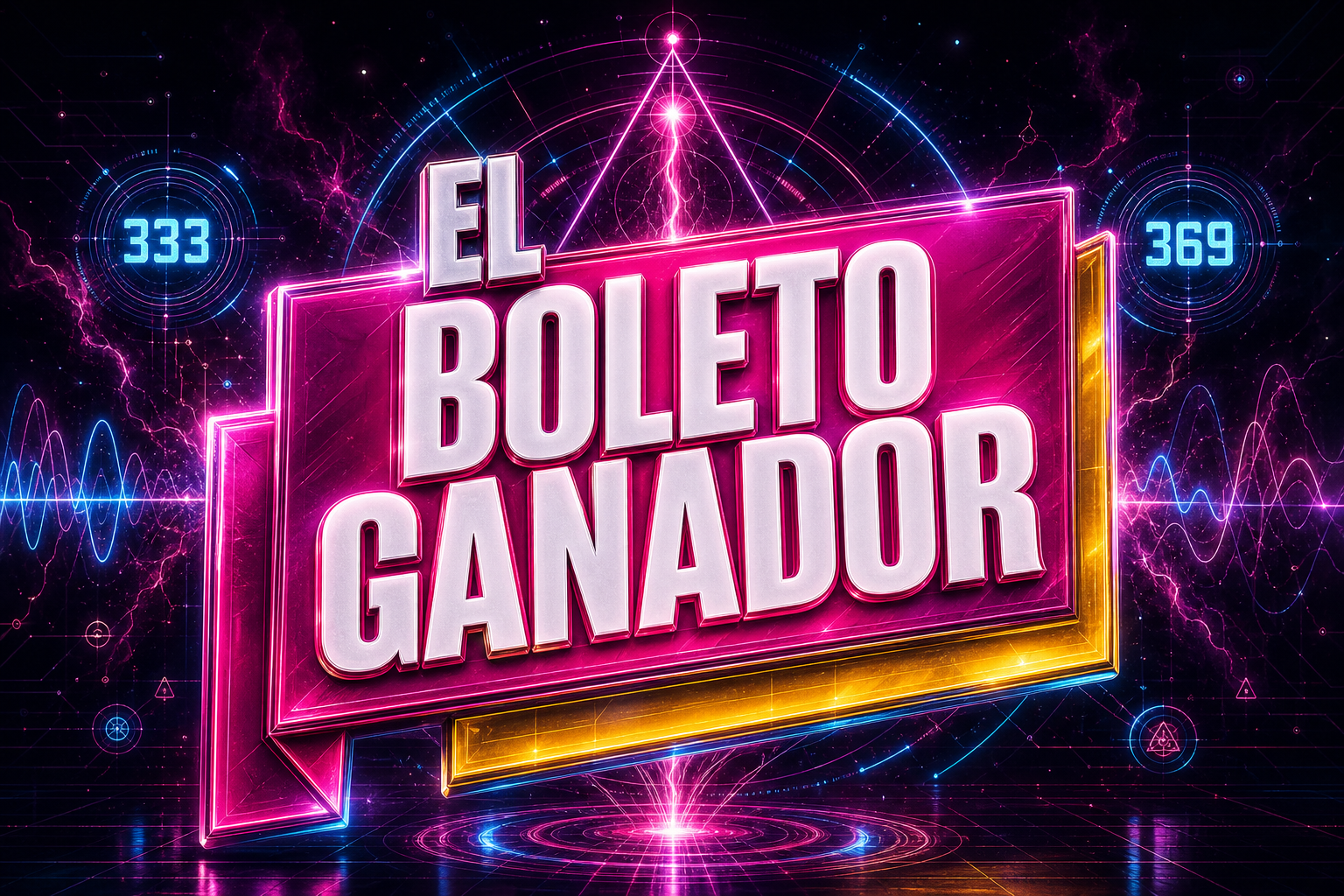 Logotipo de El Boleto Ganador con luces de neón sobre fondo oscuro.